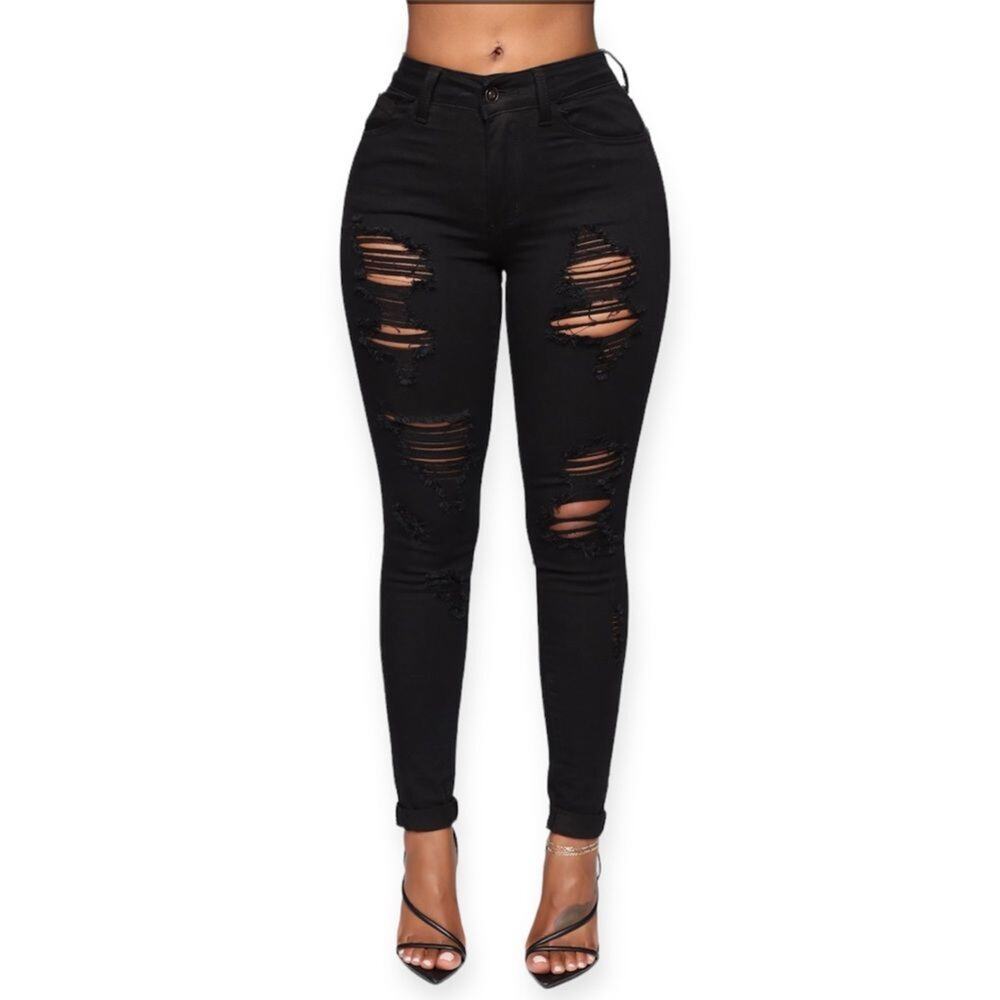 Fashion Nova Mid Rise Black Ripped Distressed Menace Goth‎ Grunge Jeans Size 5